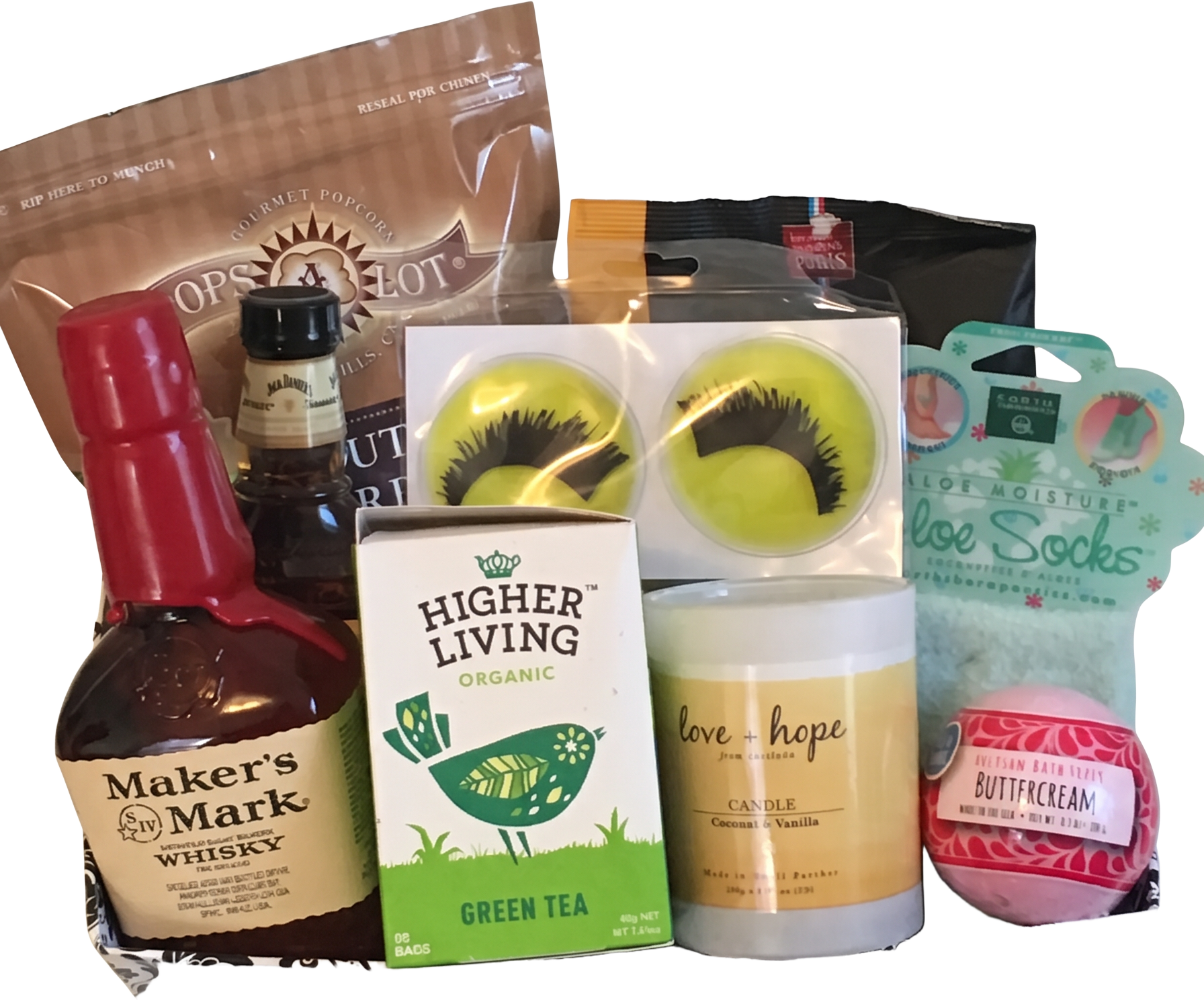 Gift basket with Maker's Mark whisky, green tea, a coconut vanilla candle, bath fizzer, and aloe spa socks
