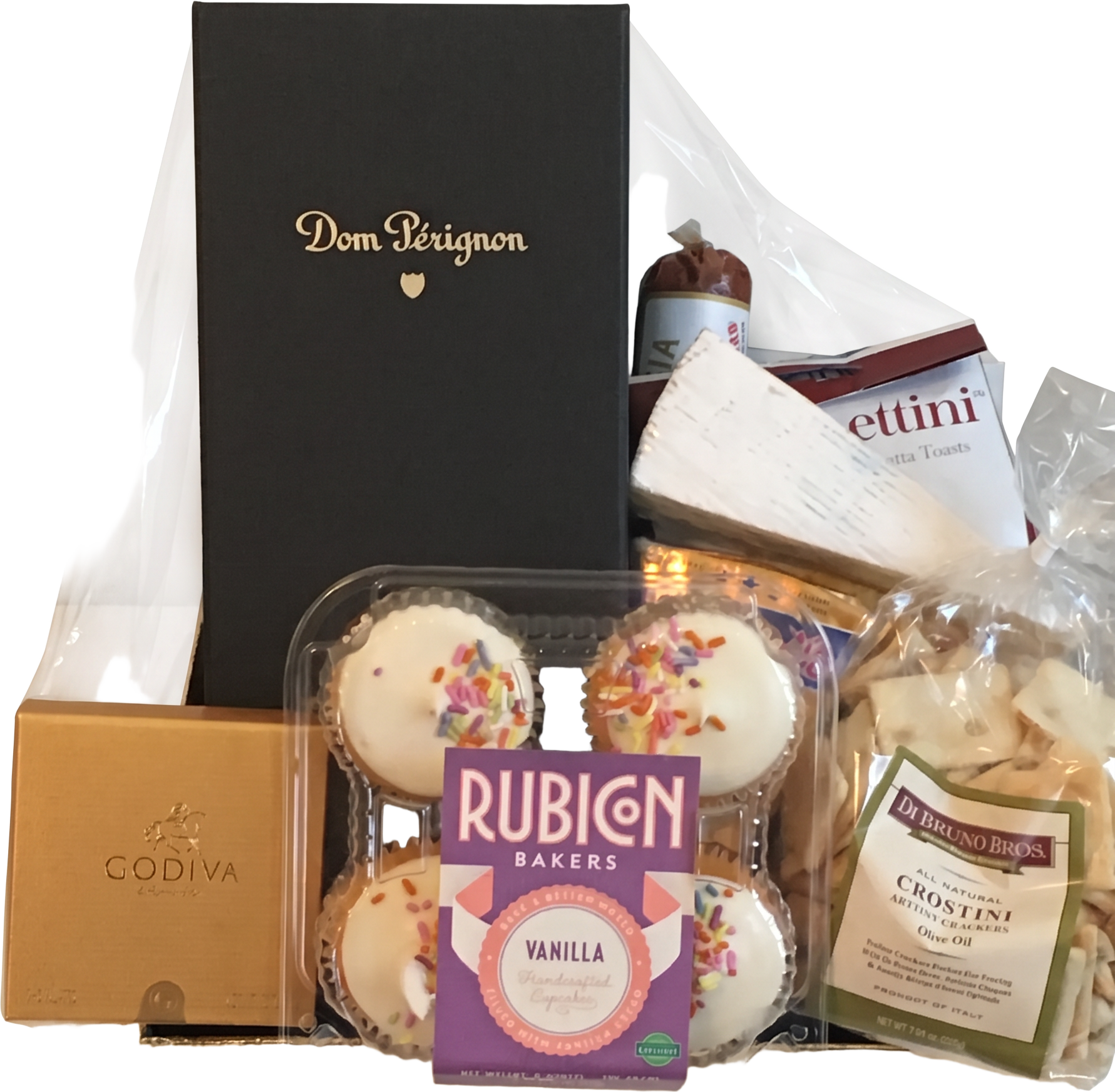 Celebration gift basket with Dom Pérignon, Godiva chocolates, cupcakes, and artisan crostini