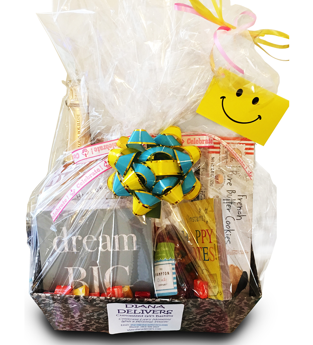 Wrapped gift basket with a blue and yellow bow