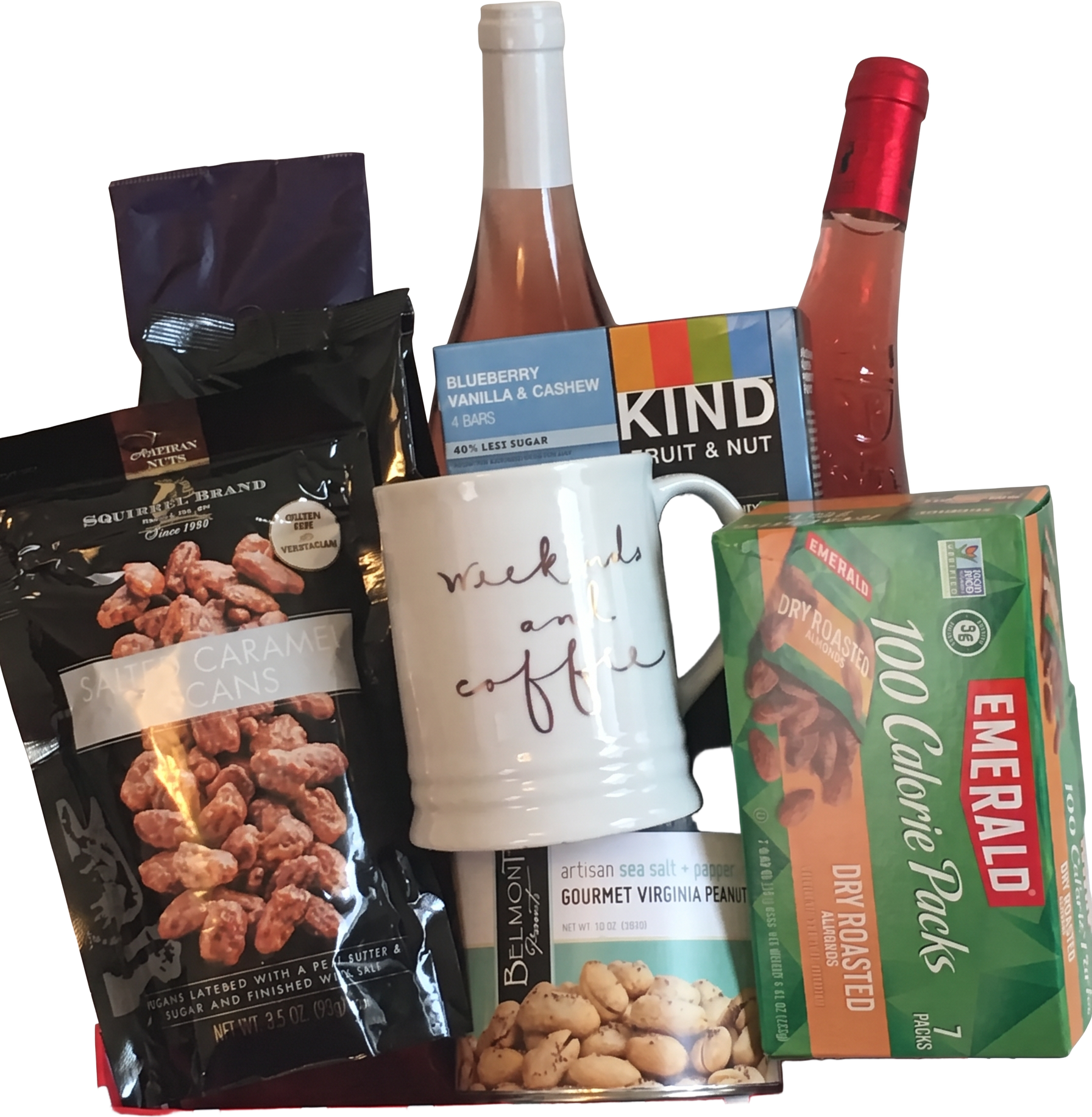Thank-you gift basket with rosé, caramel pecans, snack bars, and a weekends and coffee mug