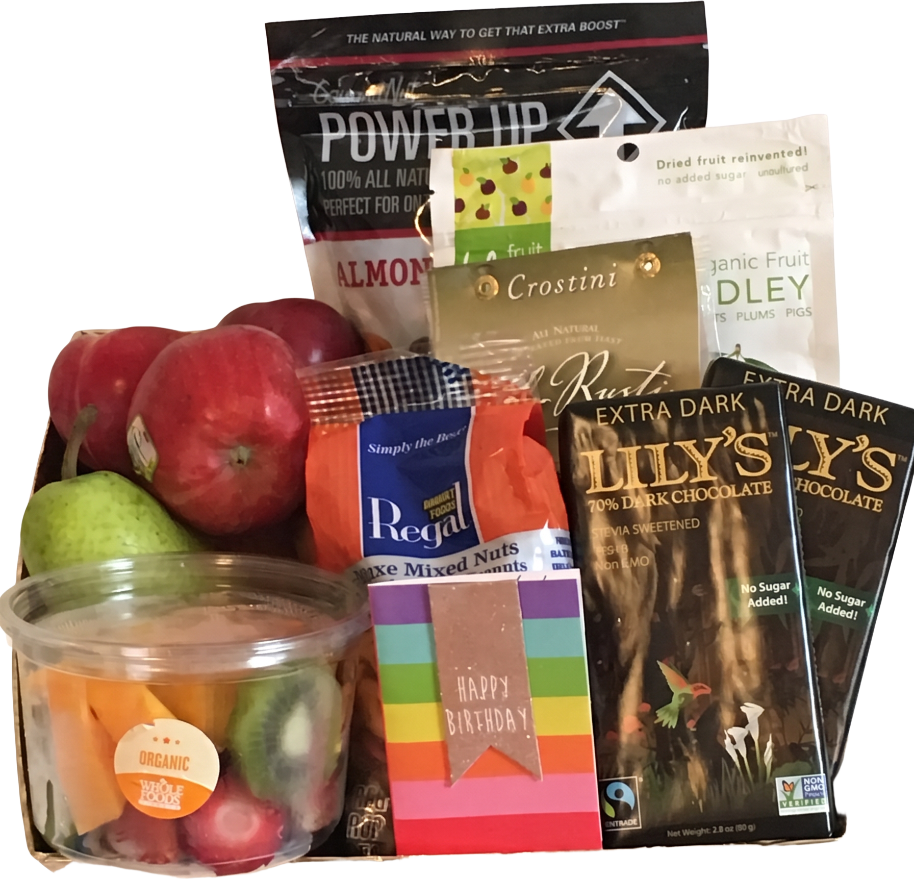 Gift basket with fresh fruit, mixed nuts, dark chocolate, and a birthday tag
