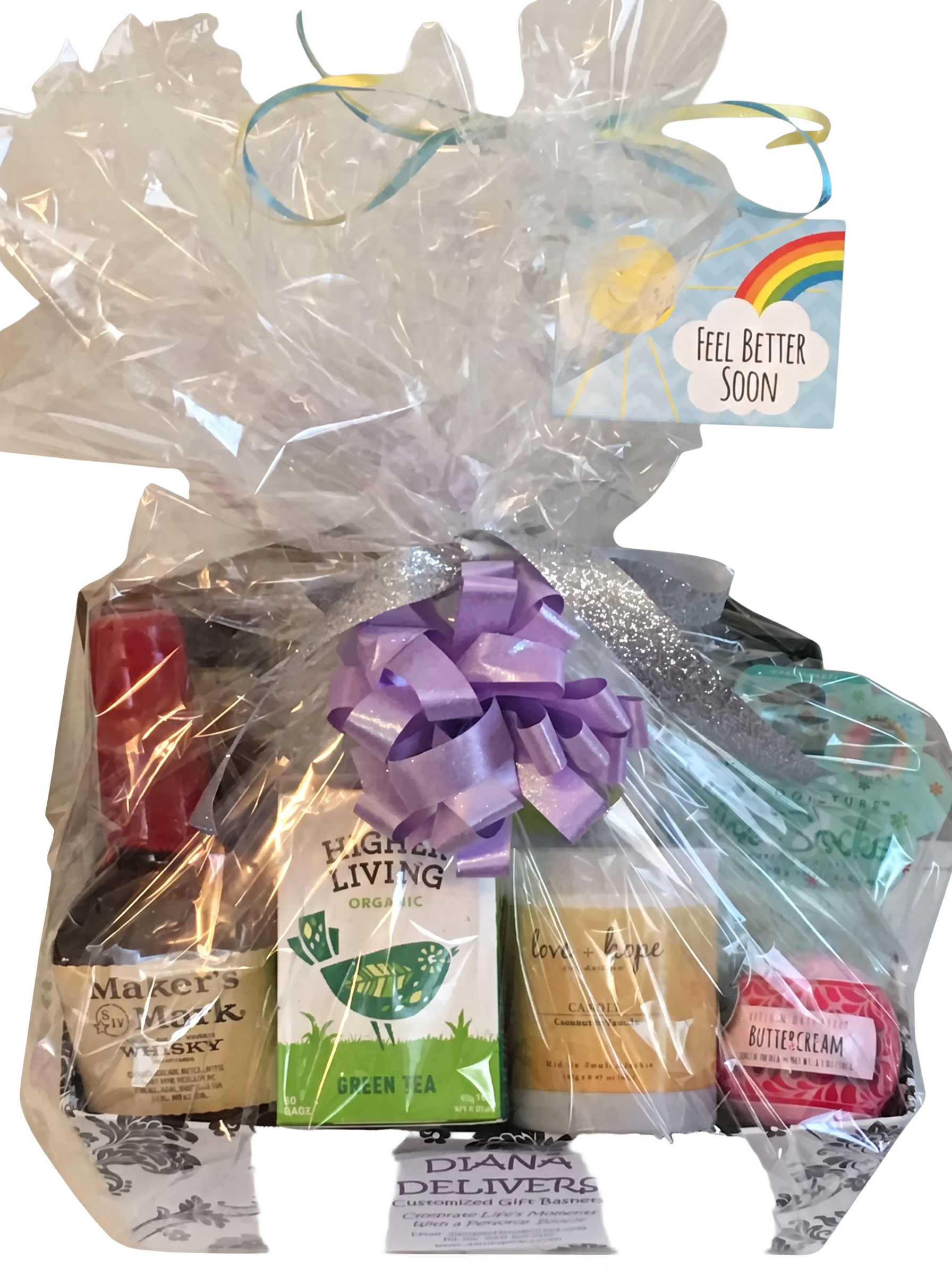 Get well gift basket with tea, candle, soap, and a feel better soon tag